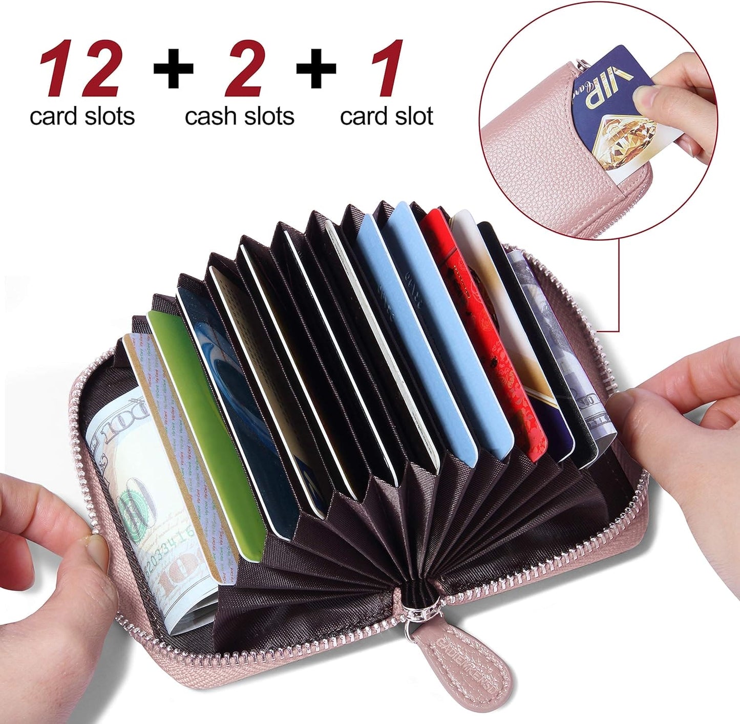 Womens Credit Card Holder Small RFID Blocking Ladies Wallet with Stainless Steel Zipper Excellent Genuine Leather Accordion Wallets Case for Women ID Compact Slim Blocked Zip Accordian Cards Pink