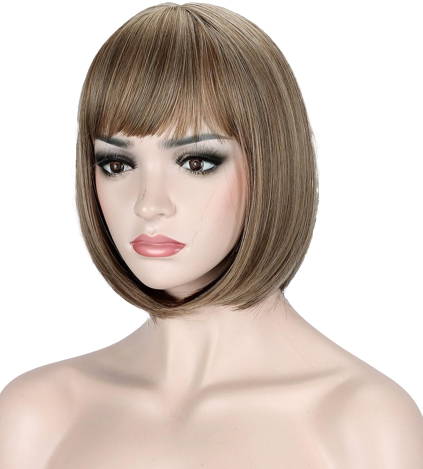 Kalyss Synthetic Bob Wigs for Women Short Dark Brown Bob Wig Natural Looking Straight Ladies Daily Hair Wig with Fringe for Cosplay Halloween Christmas Party