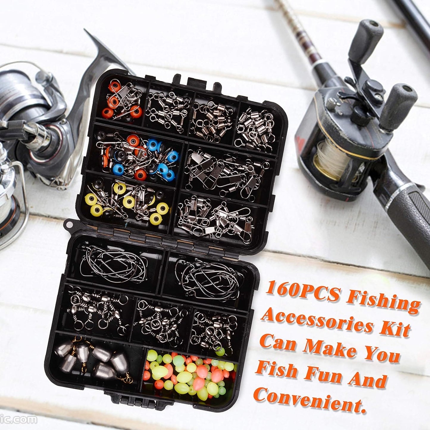 JSHANMEI 160pcs/box Fishing Accessories Kit, Including Jig Worm Hooks, Iron-Weights, Rolling Barrel Fishing Swivels Snaps, Sinker Slides, Fishing Line Beads, Fishing Gear Set with Tackle Box