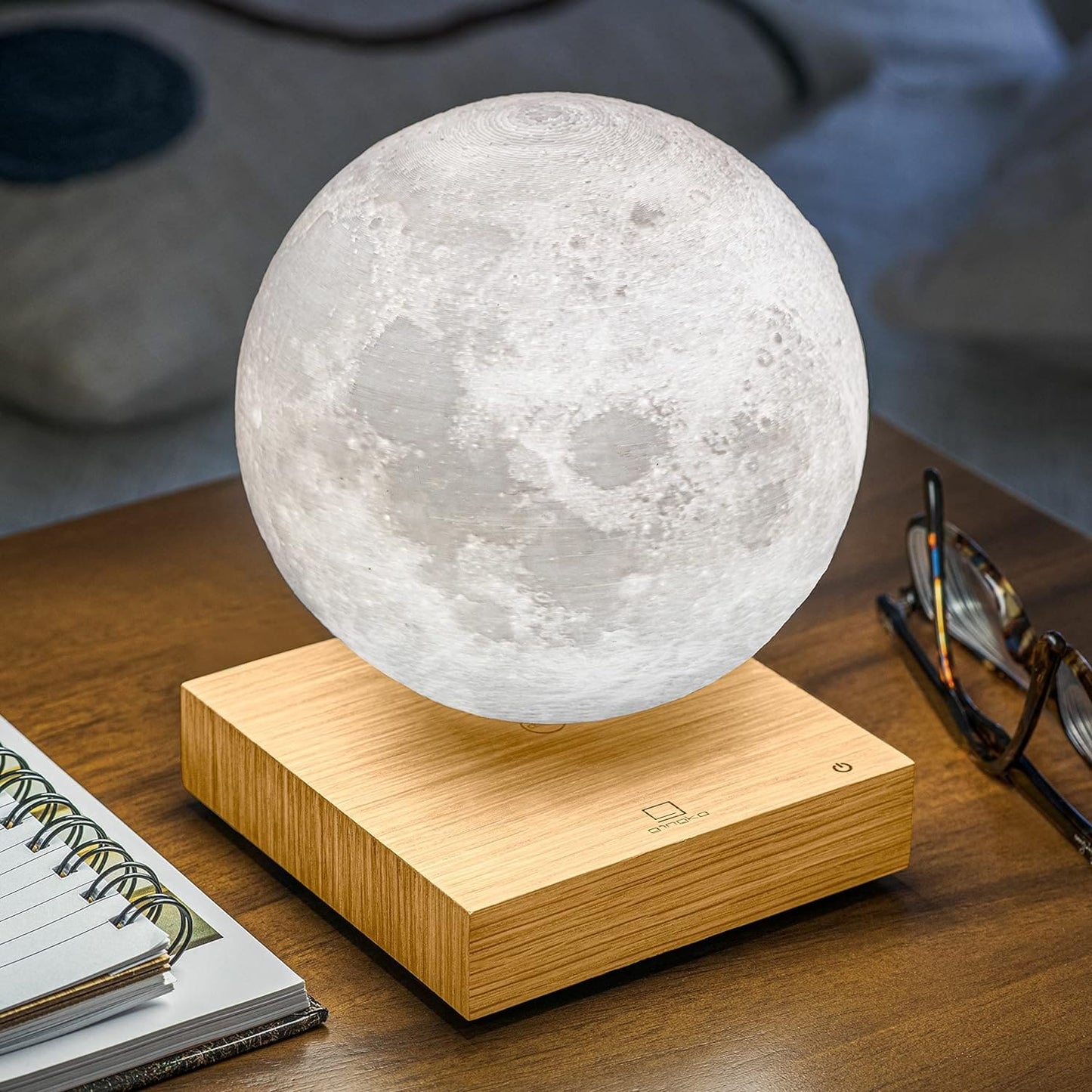 Gingko Design 3D Printed Levitating Smart LED Moon Lamp, 3 Colour Modes, Mains Adaptor Included, Packed in Premium Gift Box, 50000 Hours LED Life Span, Touch Control Button (White Ash)