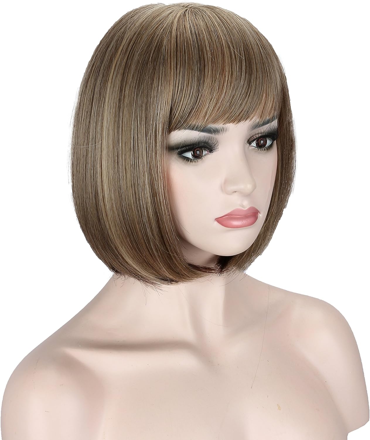 Kalyss Synthetic Bob Wigs for Women Short Dark Brown Bob Wig Natural Looking Straight Ladies Daily Hair Wig with Fringe for Cosplay Halloween Christmas Party