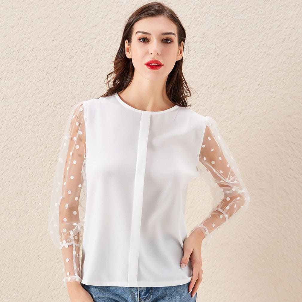 Women's fashionable elegant polka dot lace lantern sleeve round neck shirt